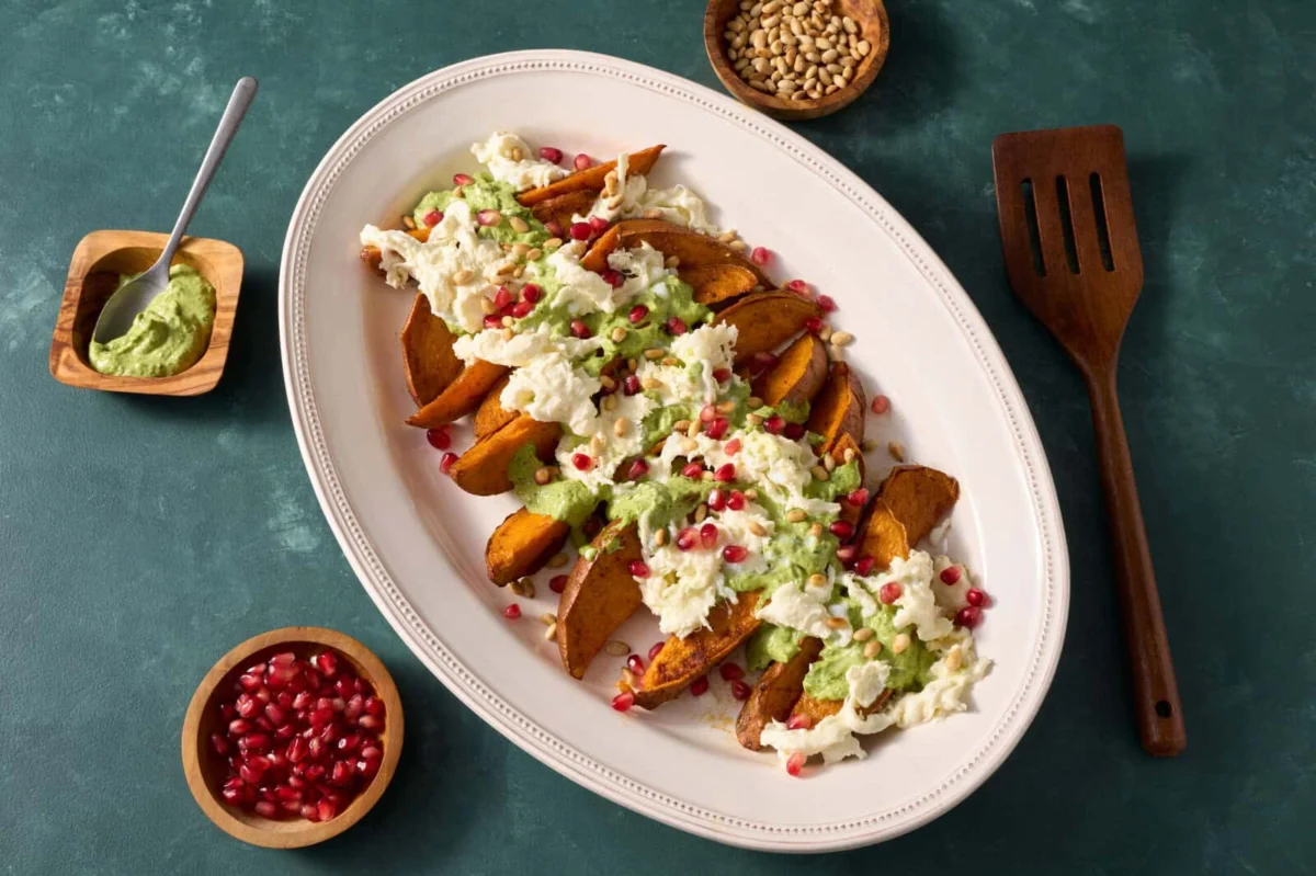 Sweet Potato Spears with Burrata and Green Tahini